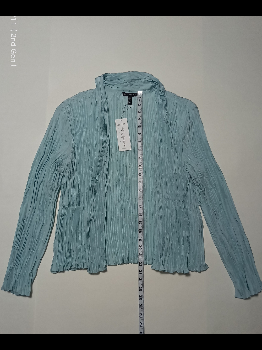 Eileen Fisher Crushed Pool Blue Silk Stand Collar Open-Front Cardigan/Jacket XL - Picture 5 of 11